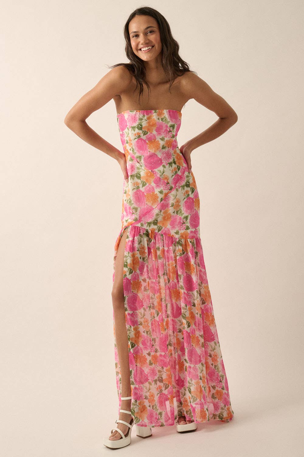 Strapless Asymmetric Floral Woven Maxi