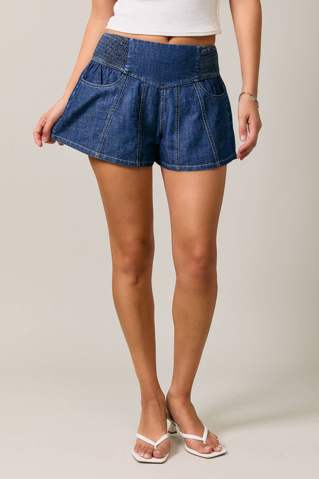 Smocked Flare Denim Short