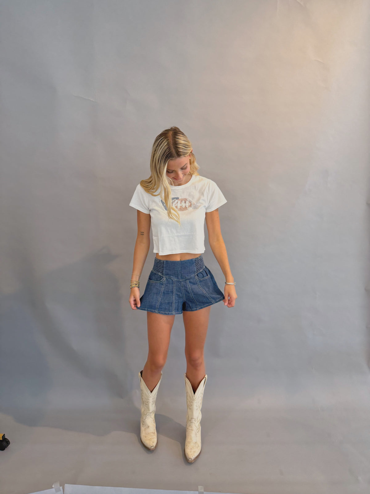 Smocked Flare Denim Short