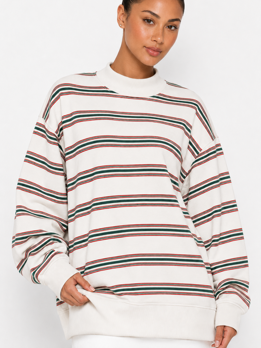 Christmas Cheer Striped 100% Cotton French Terry Mockneck Sweatshirt