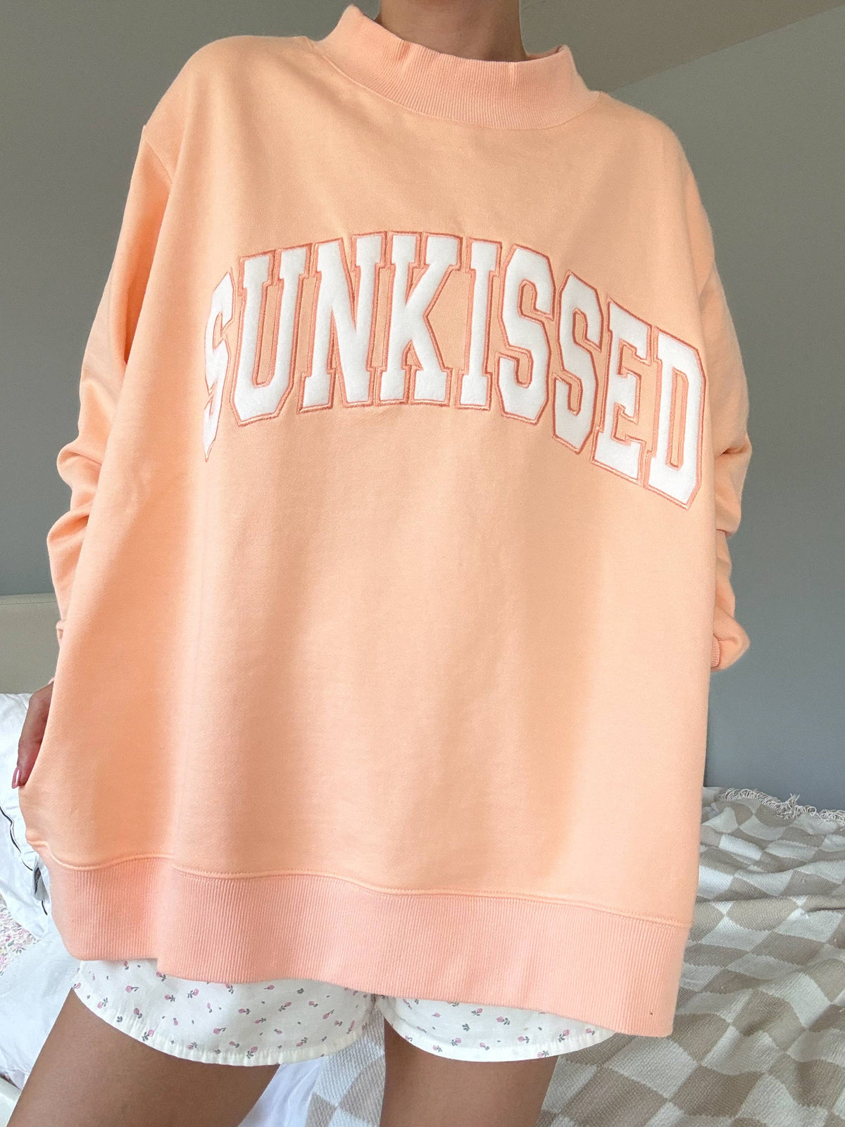 Papaya Orange Varsity Sunkissed Embroidered Mockneck Sweatshirt 100% Cotton