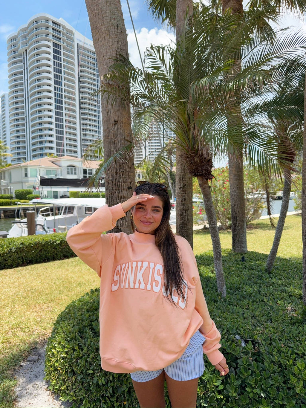 Papaya Orange Varsity Sunkissed Embroidered Mockneck Sweatshirt 100% Cotton